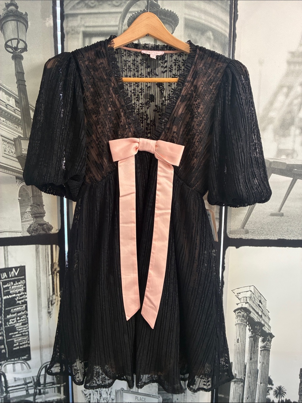 Dress Black & Lace  with Pink Bow